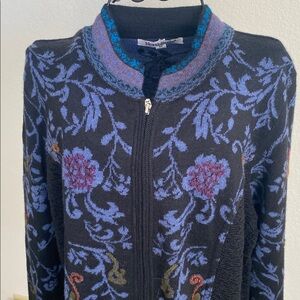 NorthStyle Black Floral Zip Cardigan with Blue and Pink Accents